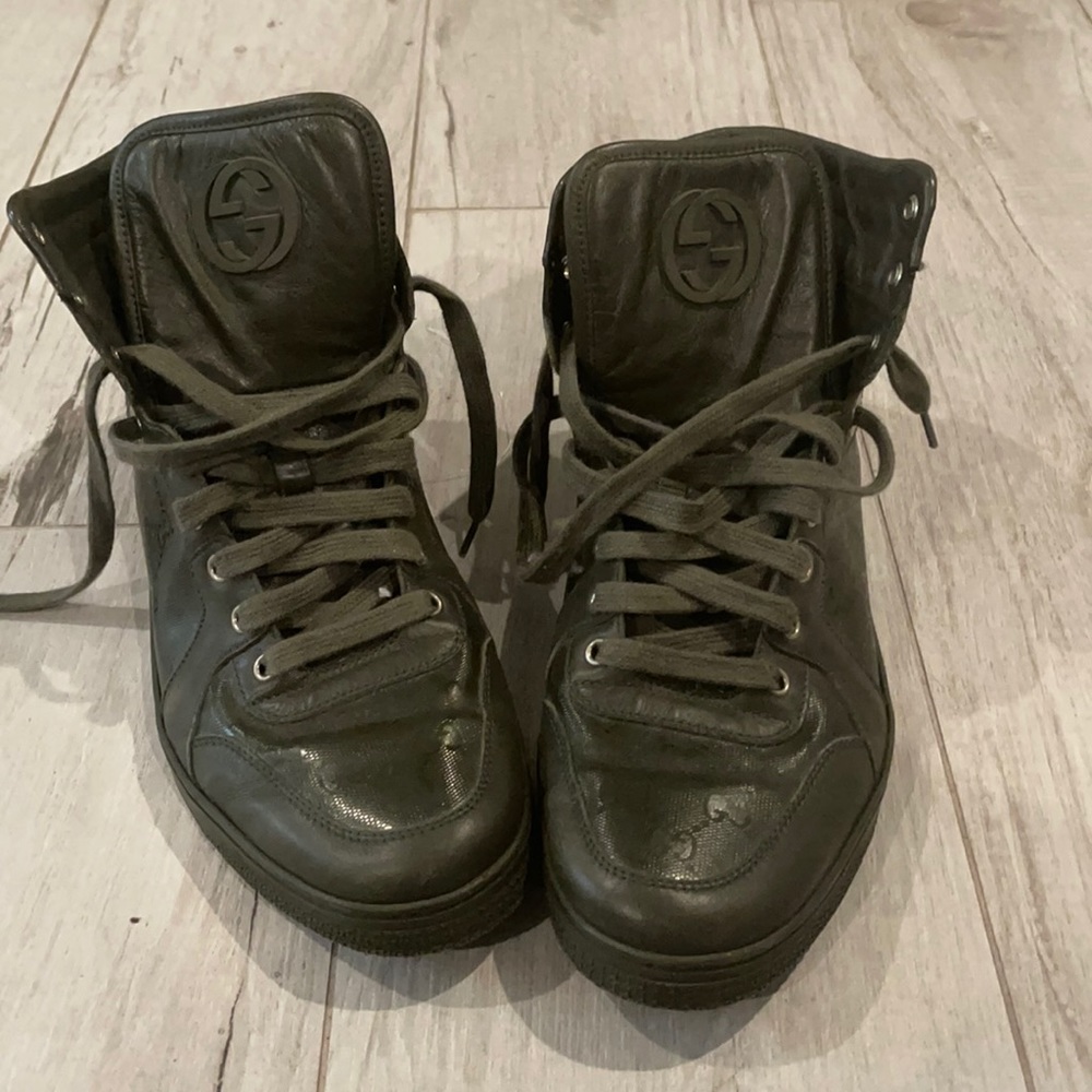 Olive green high top Gucci sneakers